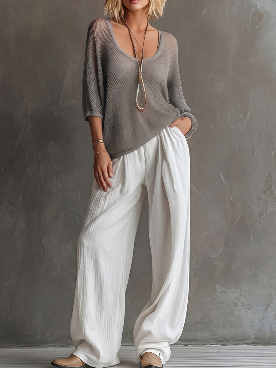 Women's U-neck 3/4-sleeve Cutout Top And Pants Two-piece Set