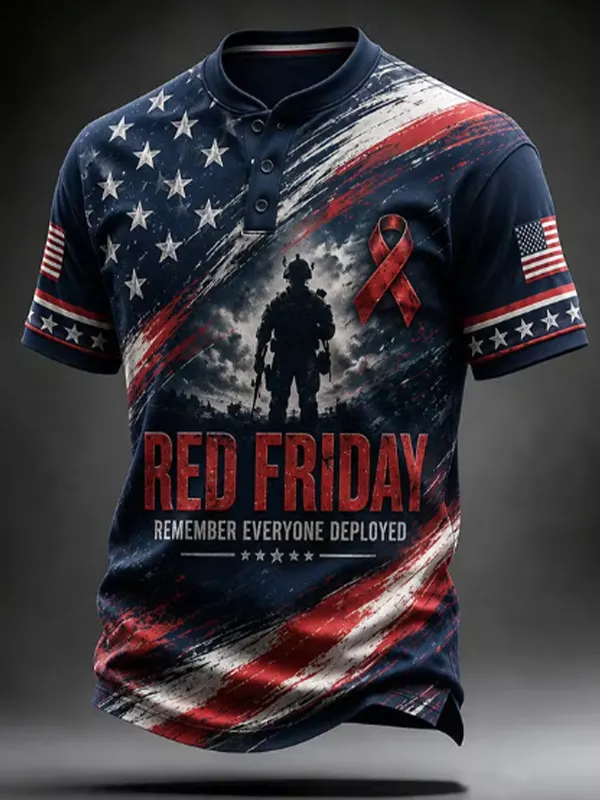 Men's Remember Everyone Deployed Stars and Stripes Print Henley T-Shirt