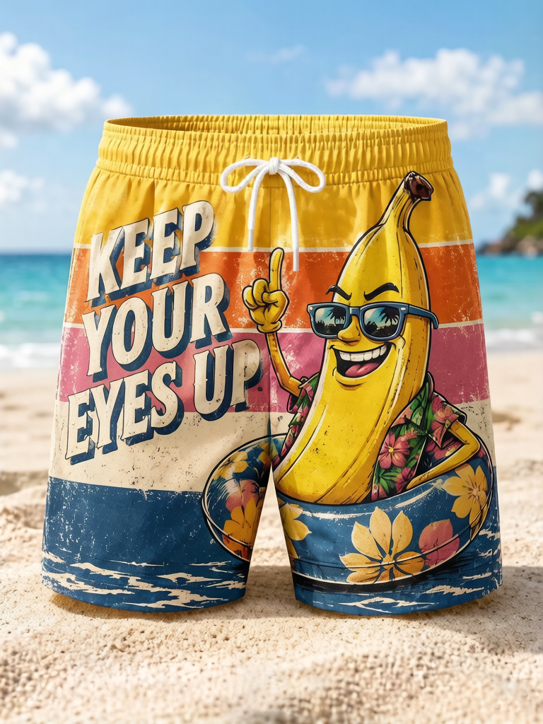 Men's Funny Banana Keep Your Eyes Up Print Vacation Shorts