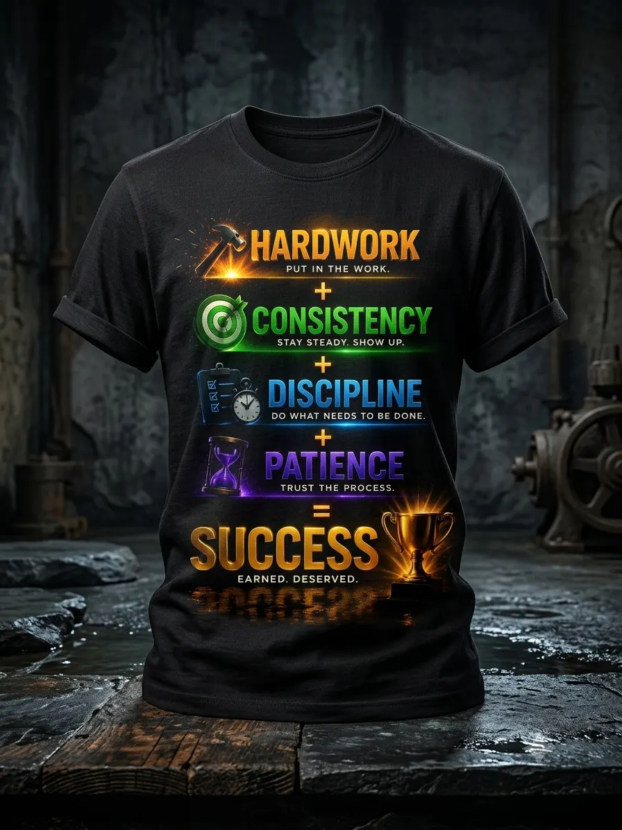 Men's Hard Work Consistency Discipline Patience Equals Success Motivational Print Cotton Casual T-Shirt