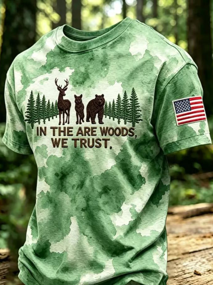 Men's In The Woods We Trust Watercolor Camo Deer Bear & Wolf American Flag Print T-Shirt