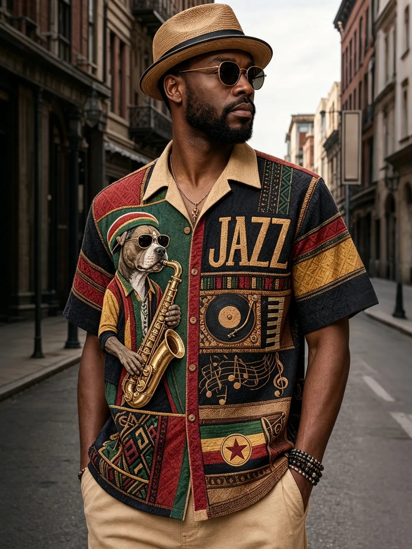 Men's Jazz Musician Dog Patchwork Print Short Sleeve Shirt