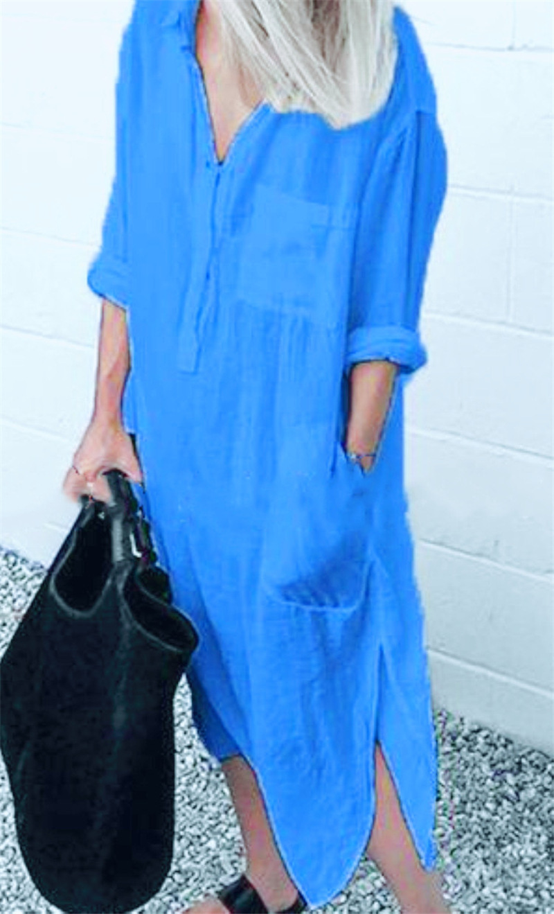 Mono Color Button Lapel Irregular Hem Shirt Women Maxi Dress