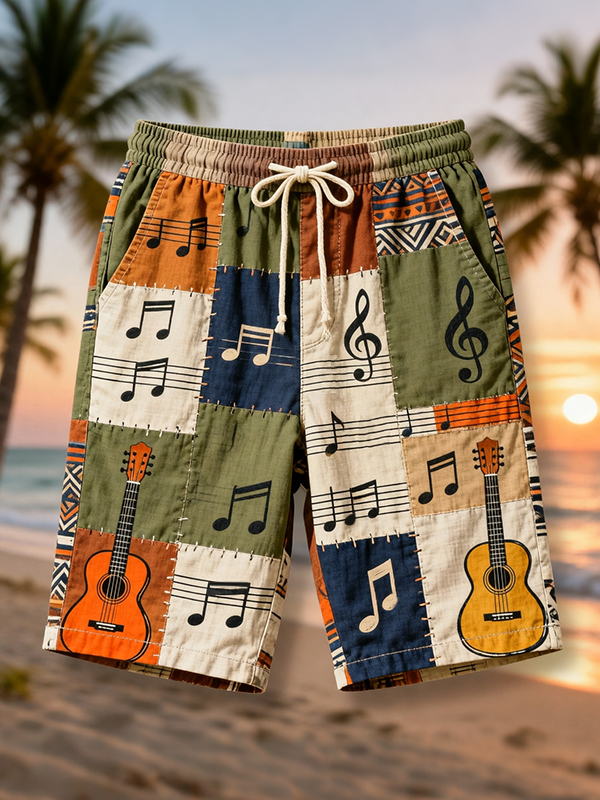 Men's Retro Music Notes Guitar Splicing Art Print Casual Shorts