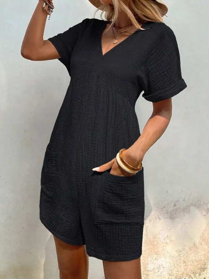 Women's Fashion Solid Color V Neck Loose Bat Sleeve Pocket Zipper Short Sleeve Jumpsuit