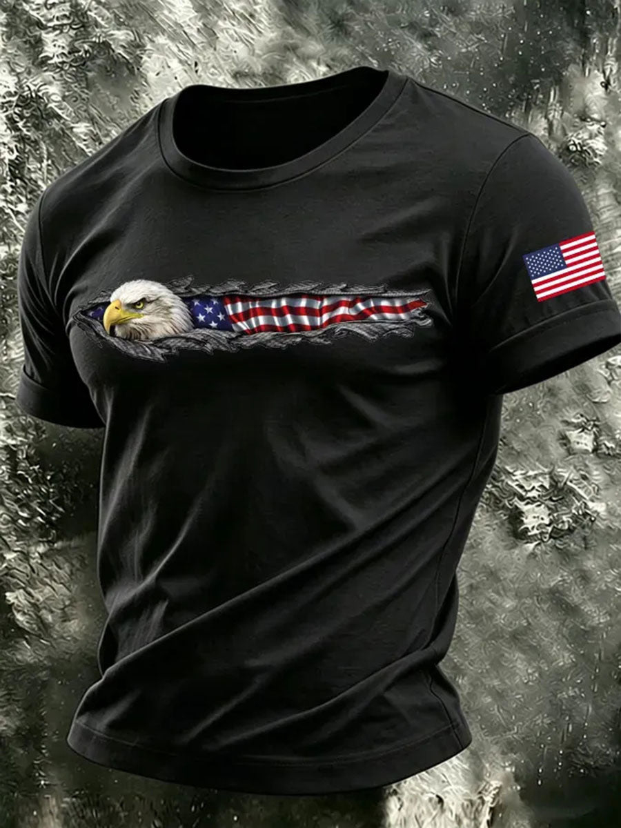 Men's Independence Day Bald Eagle American Flag Print Cotton Casual T-Shirt