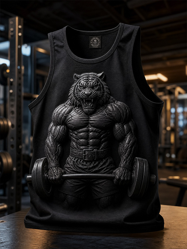 Men's Muscular Tiger Bodybuilder Lifting Barbell Art Print Tank Top