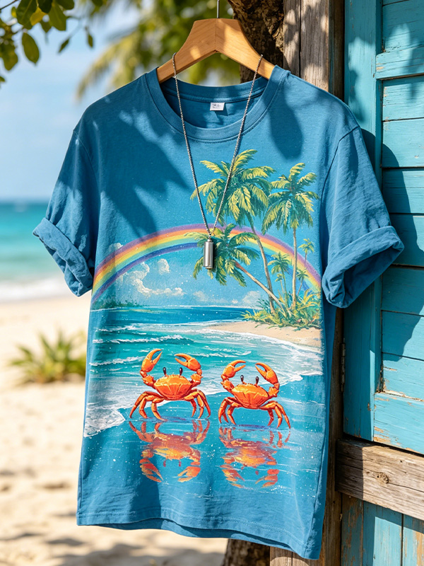 Men's Tropical Crab And Palm Tree Rainbow Beach Print T-Shirt