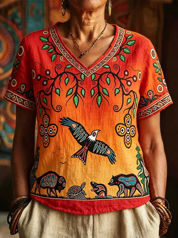 Women's Retro Bird And Animal Indigenous Art Print V Neck T-Shirt