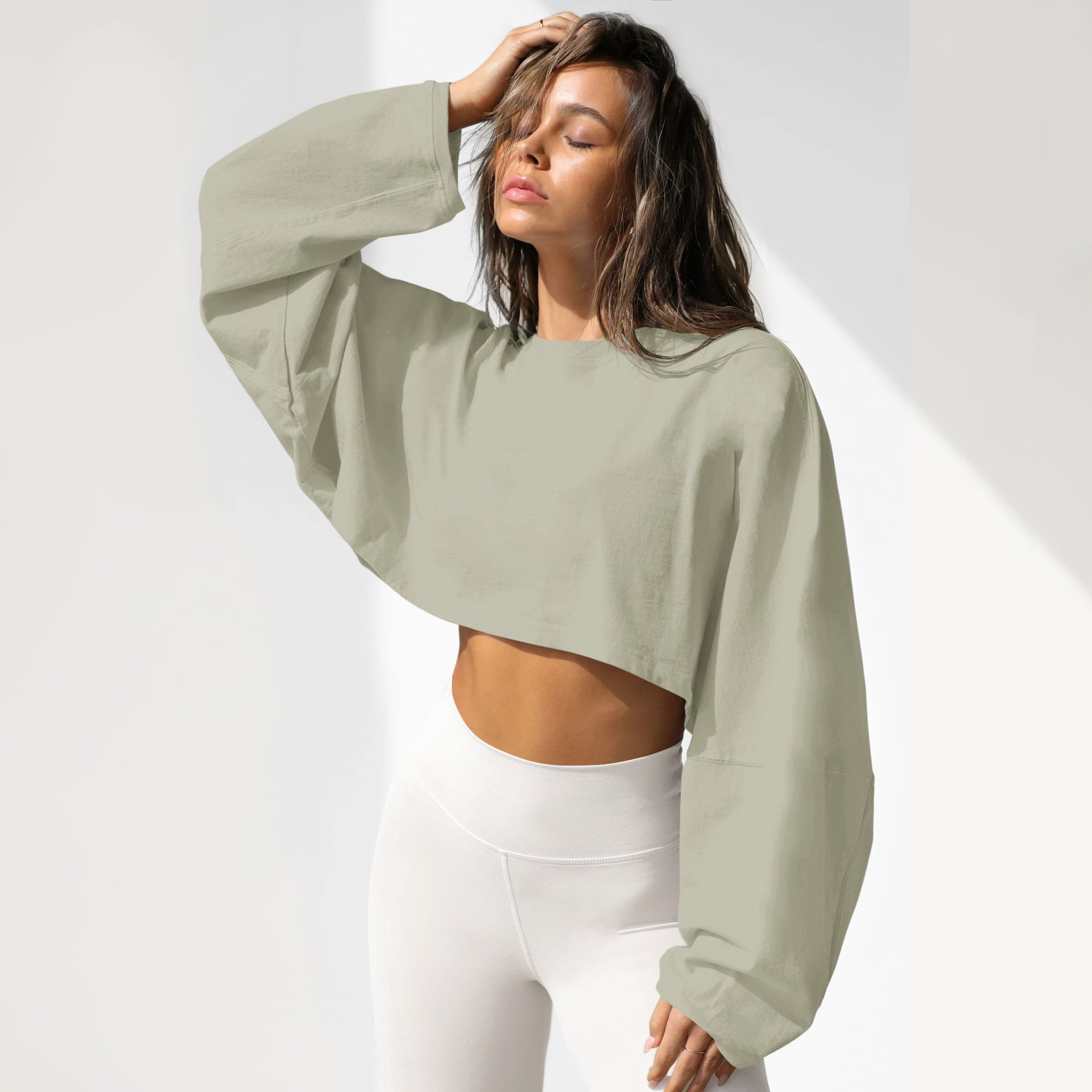 🔥LAST DAY 49% OFF - Women Long Sleeve Cropped Sweatshirt Oversized Crew Neck Workout Tops