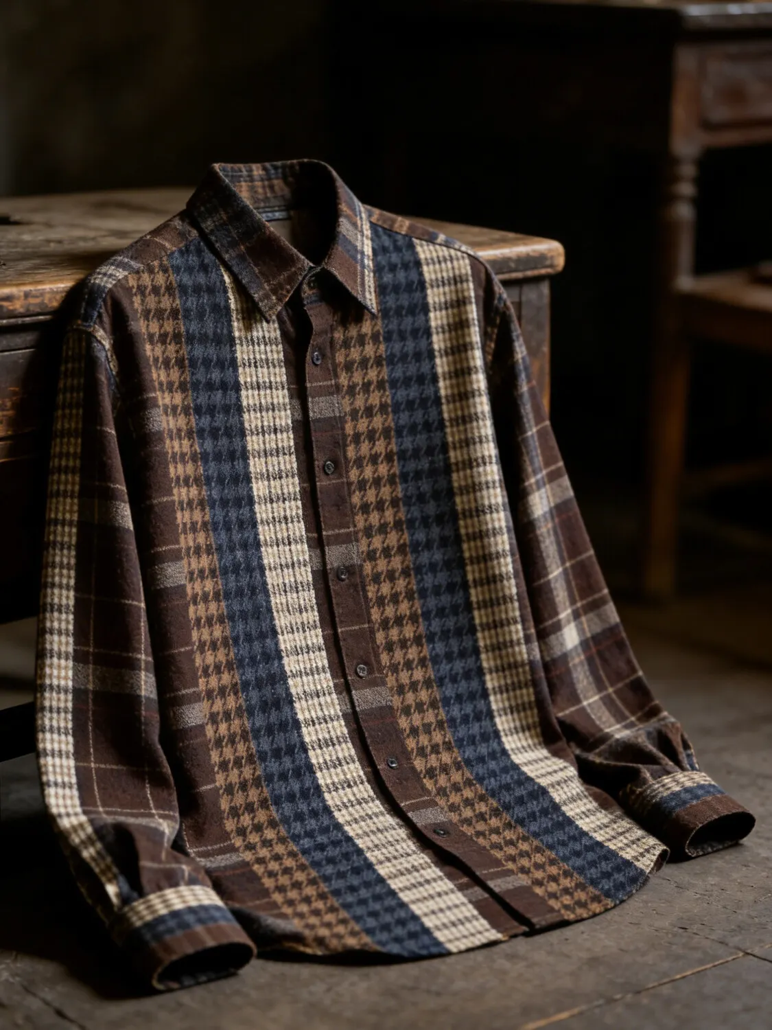 Men's Contrast Color Houndstooth Plaid Print Long Sleeve Shirt