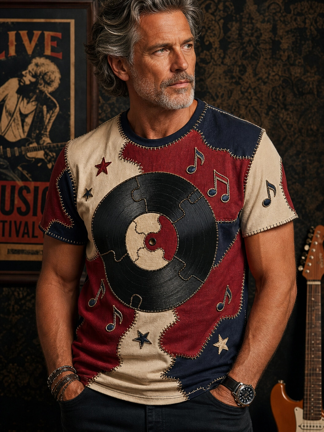 Men's Color Block Vinyl Record Art Print Casual T-Shirt