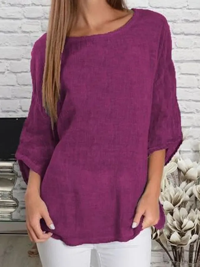 Women's Cotton Linen Round Neck Casual Loose Shirt