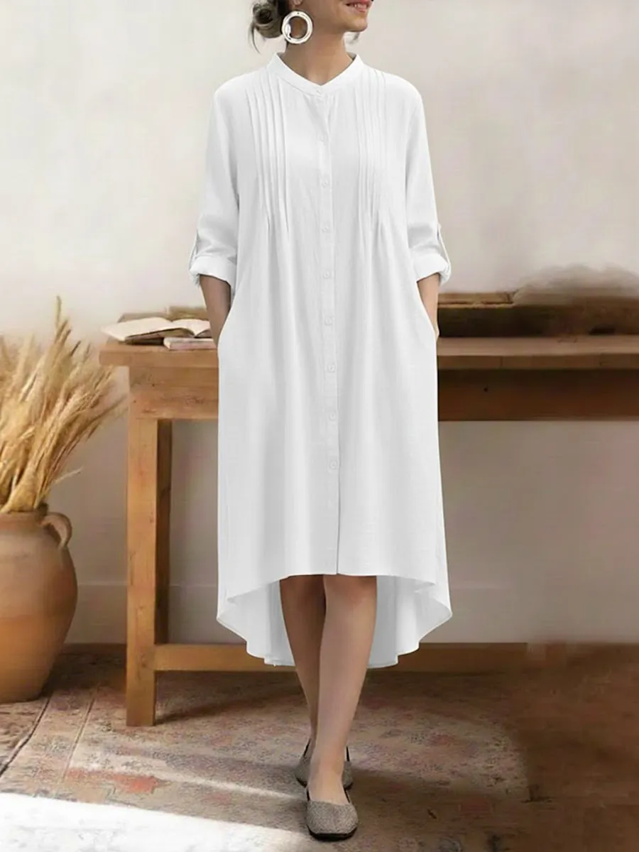 Women's Solid Color Stand-collar Long-sleeved Casual Loose Cotton And Linen Shirt Dress