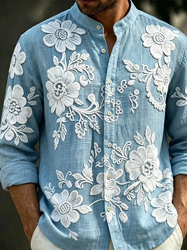 Men's Lace Floral Art Print Long Sleeve Shirt