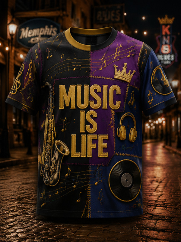 Men's Patchwork Gold Saxophone Music Note Art Print T-Shirt