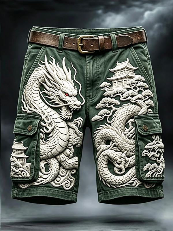 Men's White Dragon And Pagoda Art Print Casual Shorts