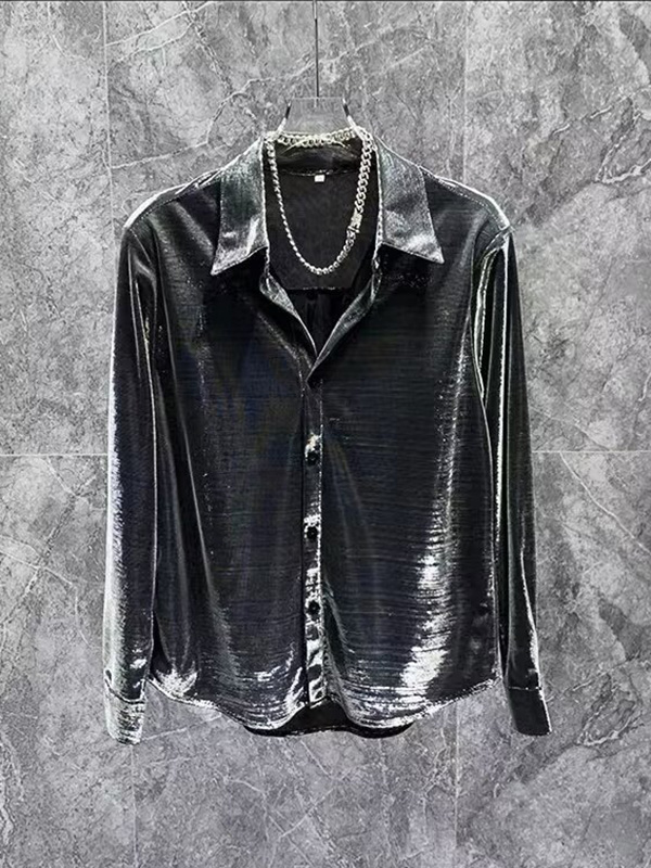 Men's Turndown Collar Ombre Glitter Loose Casual Long Sleeve Shirt