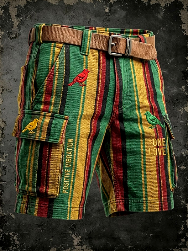 Men's One Love Reggae Stripes Birds Print Cargo Shorts