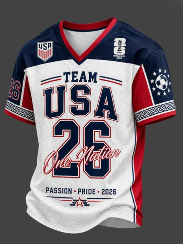 Men's Team USA 26 One Nation 2026 World Cup Soccer Print V Neck T-Shirt