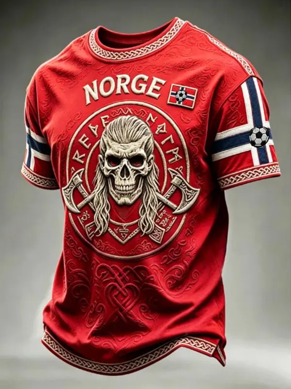 Men's Norge Viking Skull Axe Norway Flag Print T-Shirt