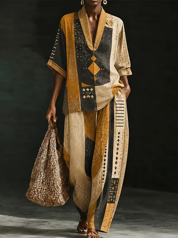 Women's African Tribal Print Deep V Neck Half Sleeve T-Shirt Wide Leg Pants Matching Set