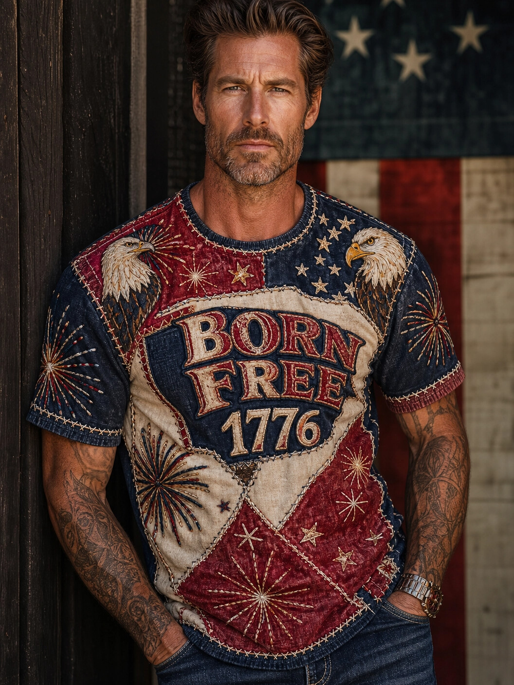 Men's Born Free 1776 American Eagle Vintage Patchwork Print T-Shirt
