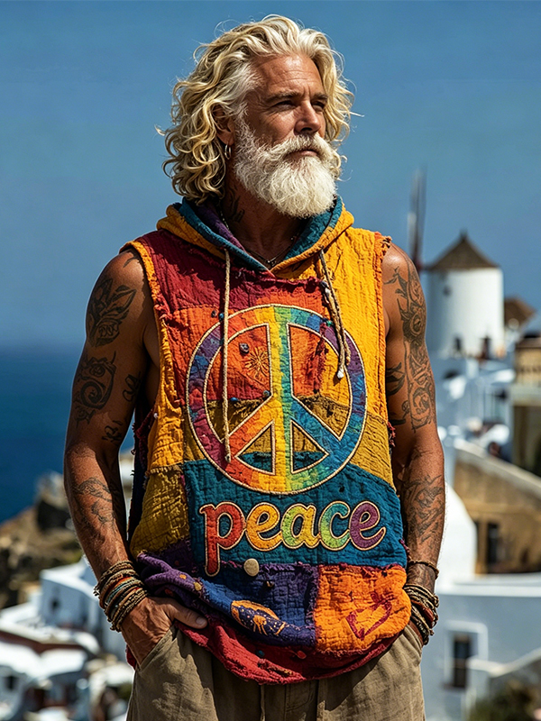 Men's Bohemian Multicolor Peace Sign Patchwork Print Hooded Tank Top