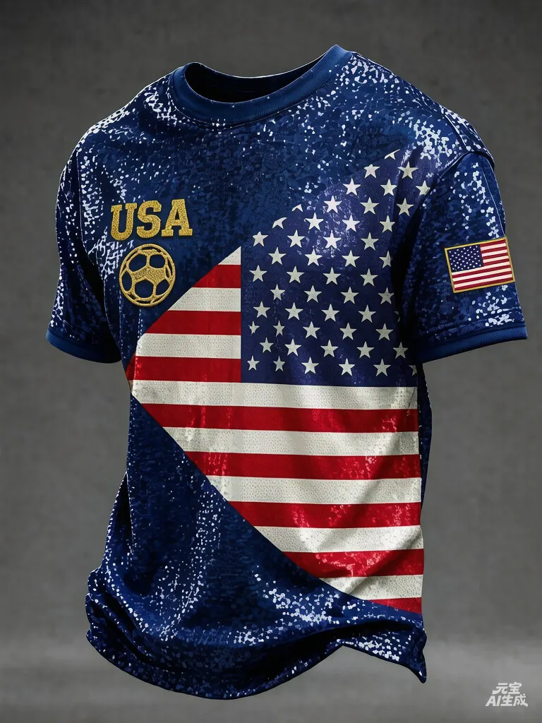 Men's Glitter USA American Flag Star Stripe Soccer Print T-Shirt