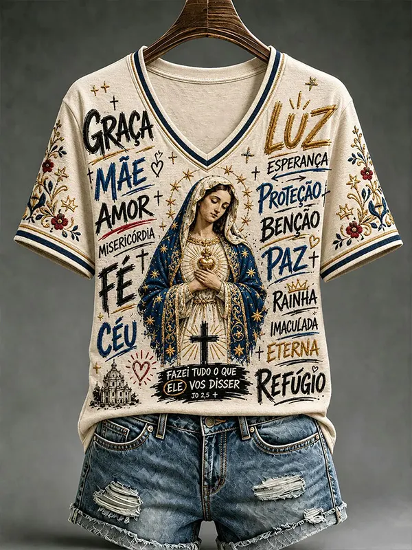 Women's Portuguese Catholic Virgin Mary Print Casual V Neck T-Shirt