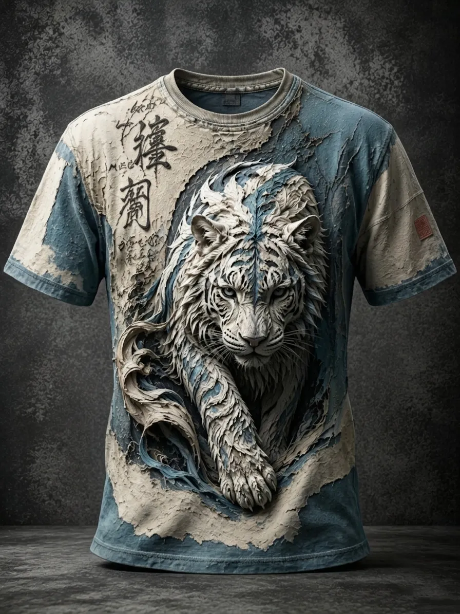 Men's Oriental Ink Wash White Tiger Chinese Calligraphy Print Casual T-Shirt
