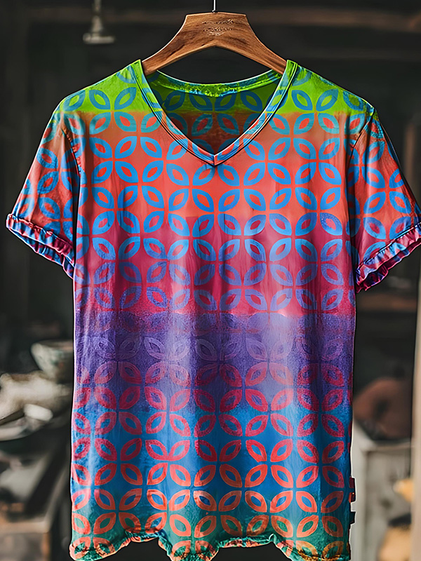 Men's Gradient Geometric Patterns Print Casual V Neck T-Shirt