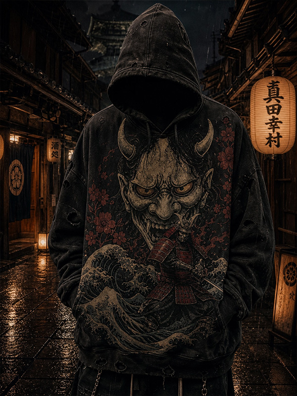 Men's Oni Demon Samurai Wave Cherry Blossom Art Print Pocket Hoodie