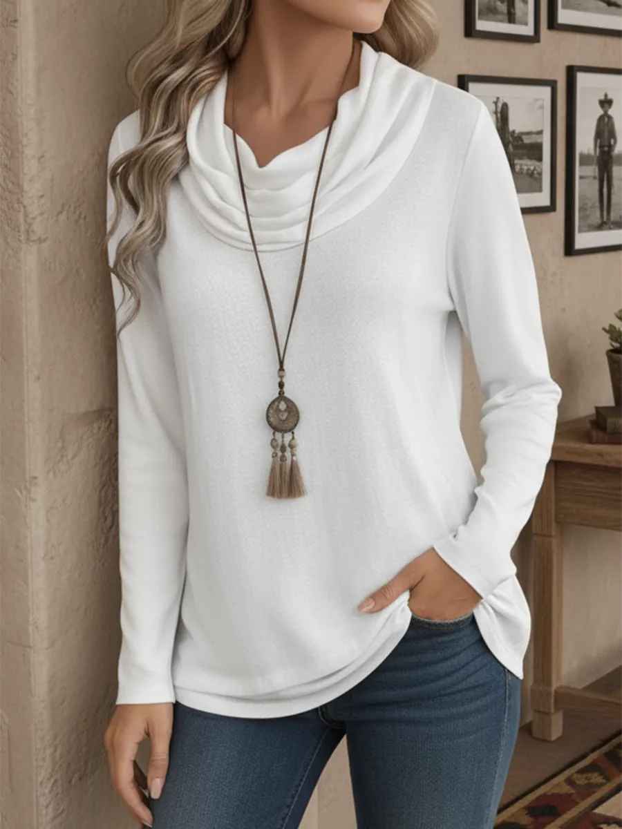 Women's Soft Solid Color Pile Neck Cotton Top