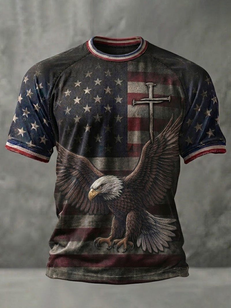 Men's Vintage American Flag Bald Eagle Cross Art Print T-Shirt