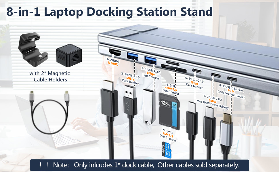 Text reads '8-in-1 Laptop Docking Station Stand'. Product images showing multi-port laptop dock with USB ports, HDMI connections, and adjustable stand features.
