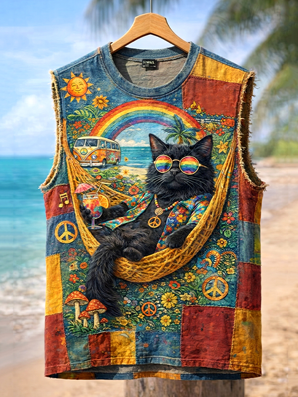 Men's Hippie Black Cat Vacation Art Print Tank Top