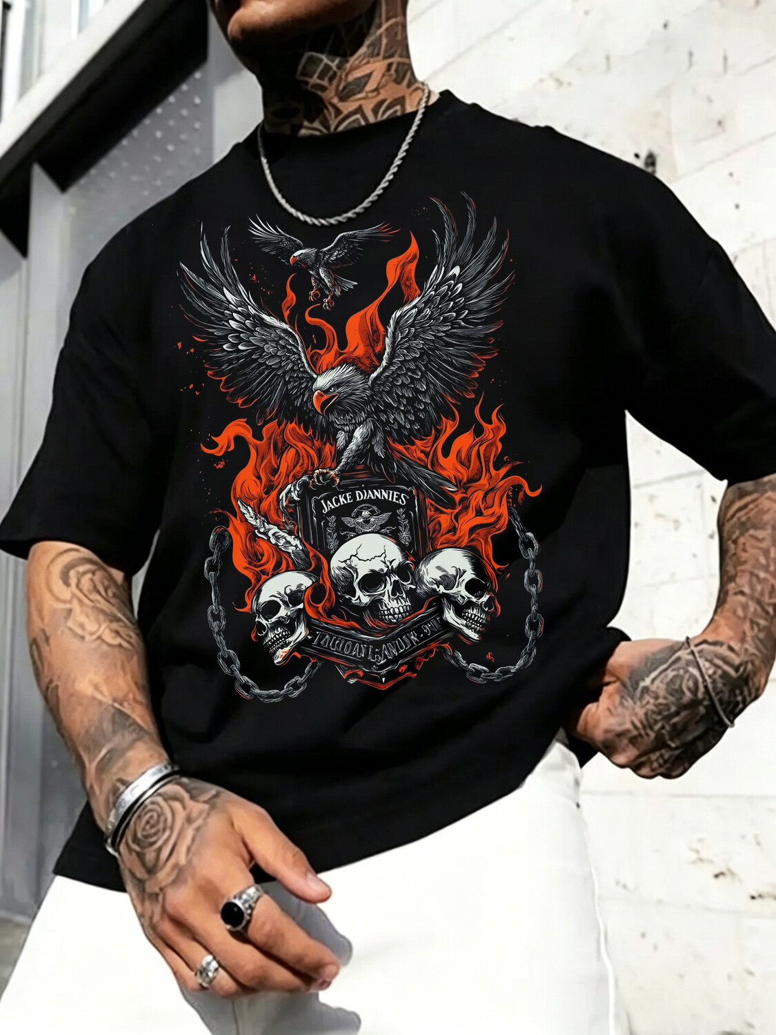 Men's Flaming Eagle & Skulls Print Cotton Casual T-Shirt