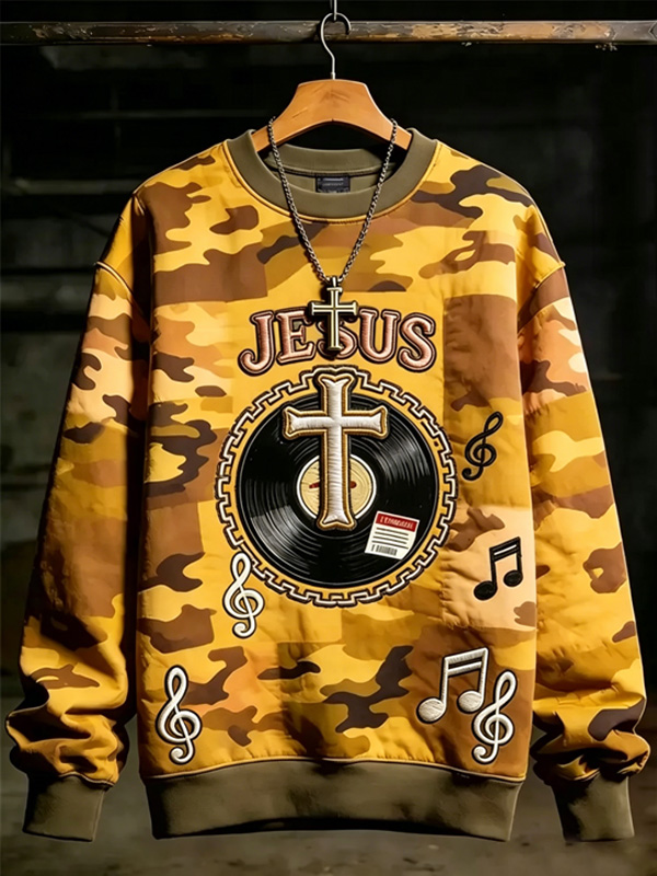 Men's Camo Jesus Cross Musical Note Vintage Art Print Casual Sweatshirt
