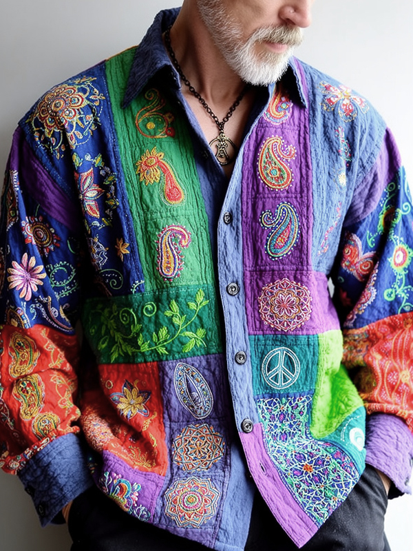 Men's Paisley And Plants Boho Art Print Long Sleeve Shirt