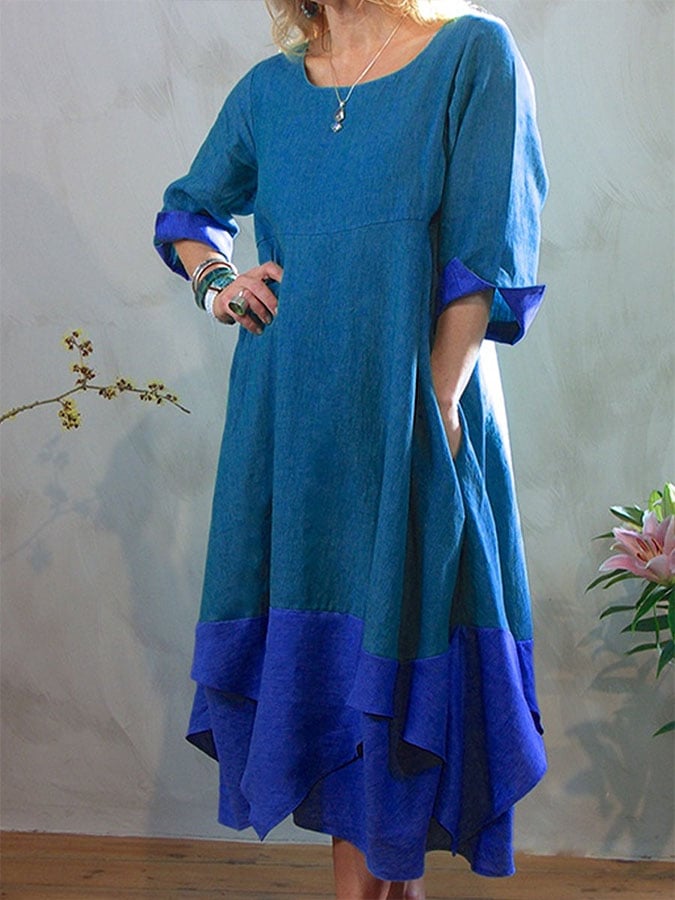 Ladies Solid Color Cotton Linen Long Sleeve Dress