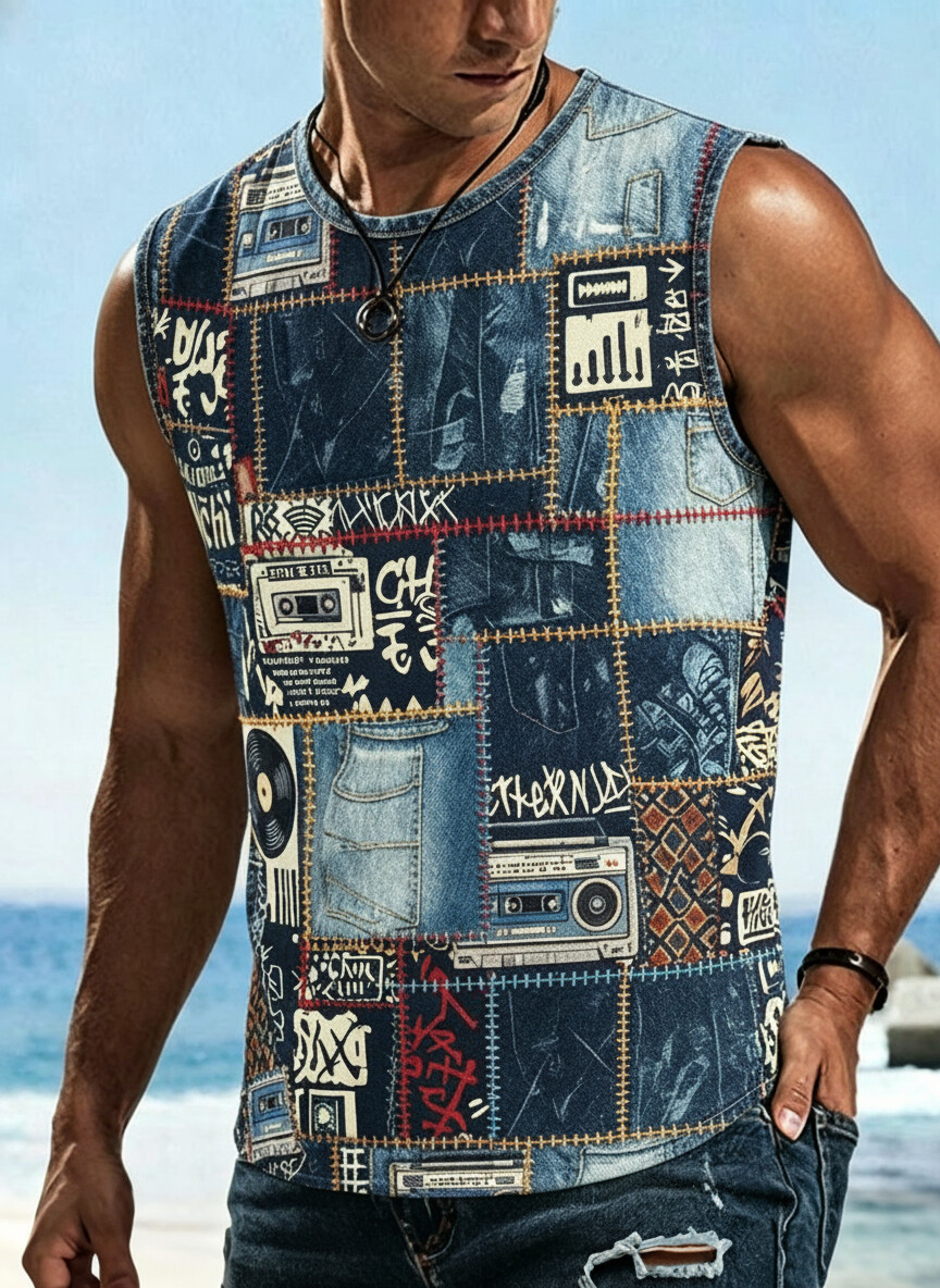 Men's Hip-Hop Vinyl Record Cassette Tape Print Tank Top
