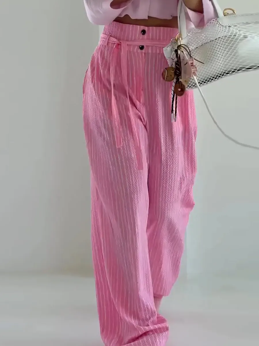 Women's High Waist Lace-Up Stripe Print Casual Cotton and Linen Wide Leg Pants