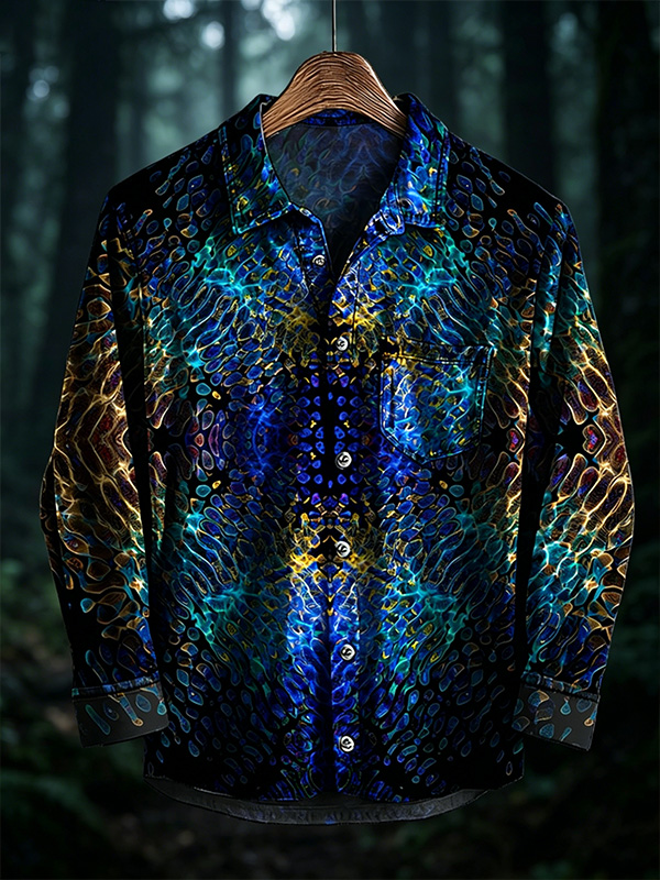 Men's Retro Colorful Wave Digital Art Print Long Sleeve Shirt