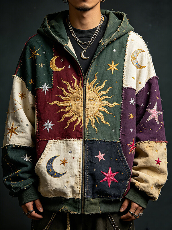 Men's Colorblock Sun Moon Star Print Hooded Zip Up Jacket