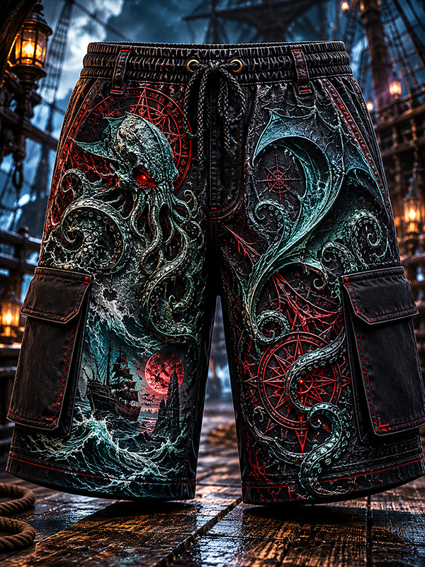 Men's Cthulhu In The Dark Sea Art Print Drawstring Waist Casual Shorts