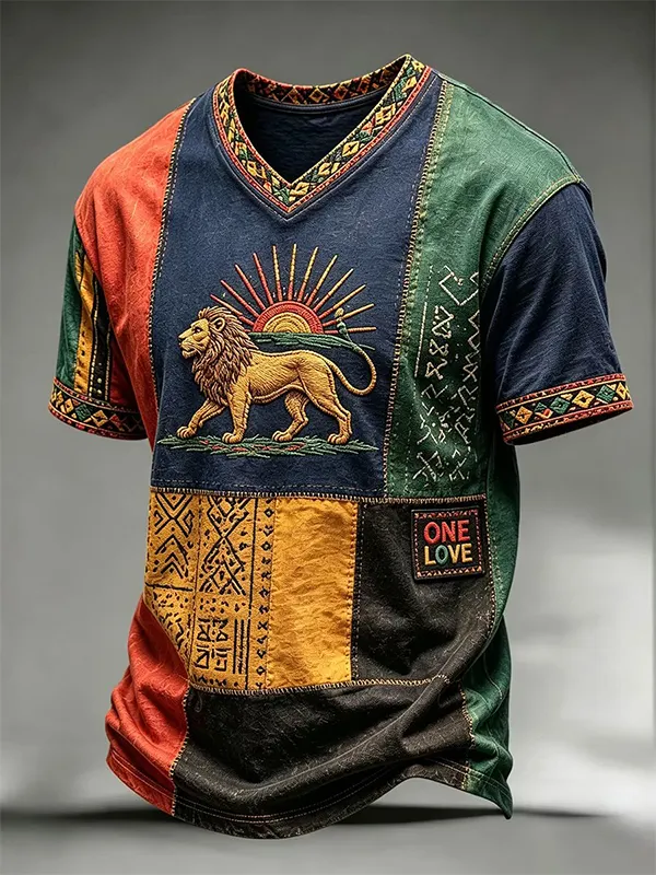 Men's Rasta Sunrise Lion Patchwork Art Print V Neck T-Shirt