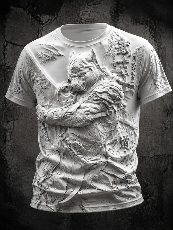 Men's 3D Stone Carved Tiger Samurai Print T-Shirt