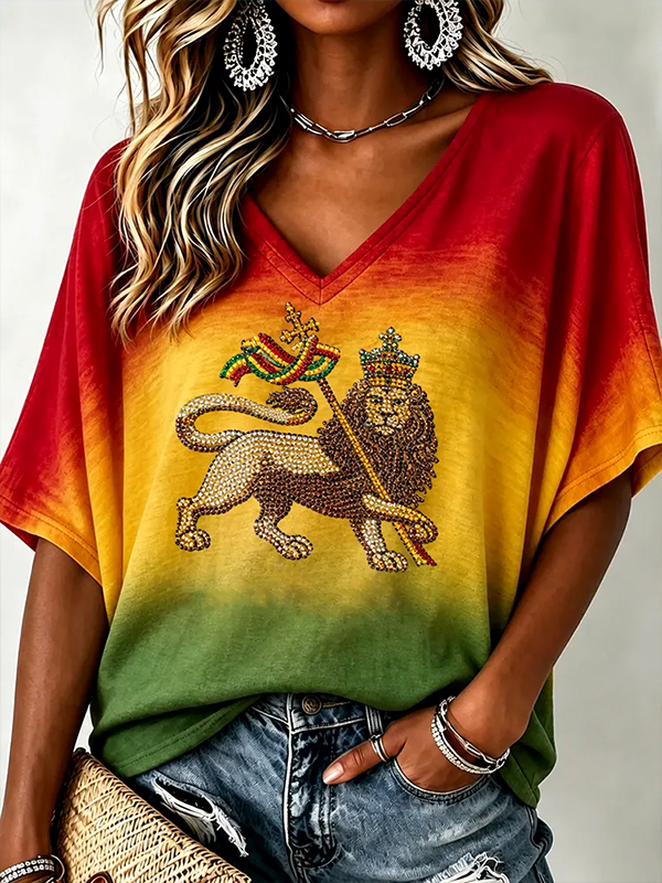Women's Lion of Judah Gradient Art Print Casual V Neck T-Shirt