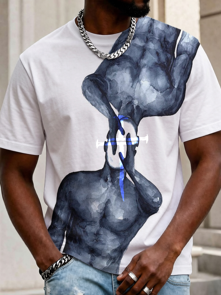 Men's Surreal Double Figure Blue Watercolor Gothic Cross Print Casual T-Shirt